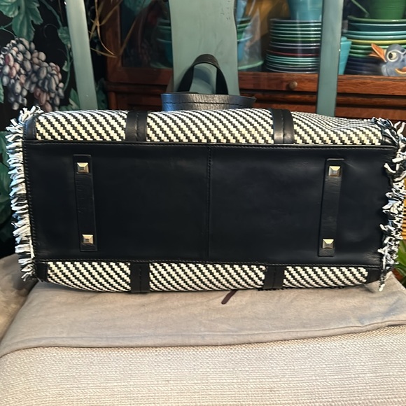 Brian Atwood Black & White Rafia Tote w Fringe Detail & Black Leather Straps